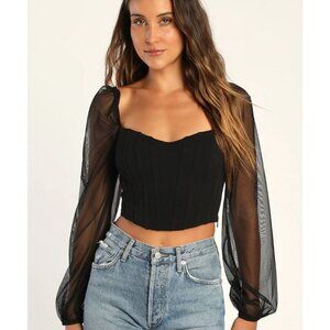 Lulus Attention Getter Black Balloon Sleeve Corset Crop Top